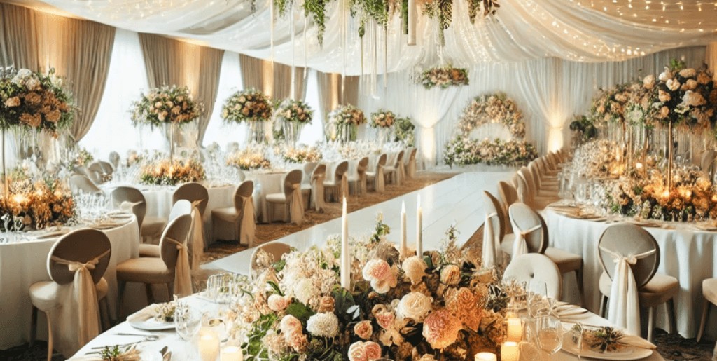 Eleganckie dekoracje wydarzenia w Hiszpanii z kompozycjami kwiatowymi, świecami i stylową aranżacją przestrzeni